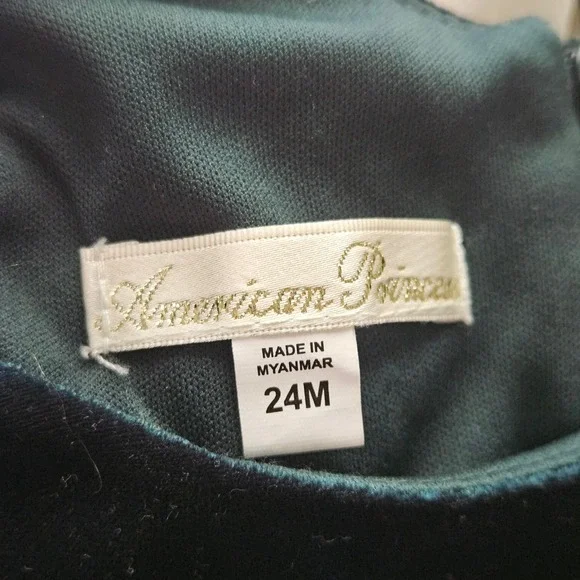 American Princess Toddler Girls Velvet Tulle Pearl Party Dress Green Cream 24M - Picture 7 of 7